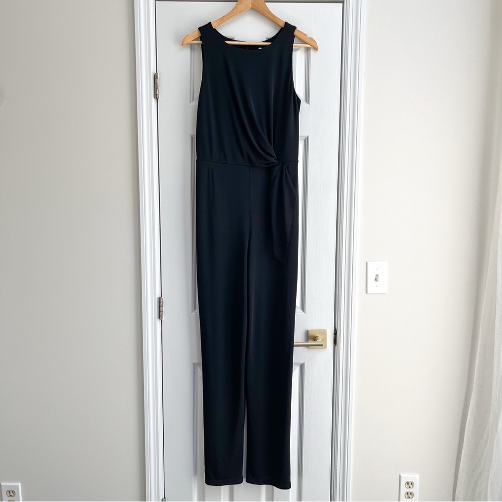 Bailey 44 Black Mesh Stretch Jersey Round Deck Draped Sleeveless Jumpsuit M